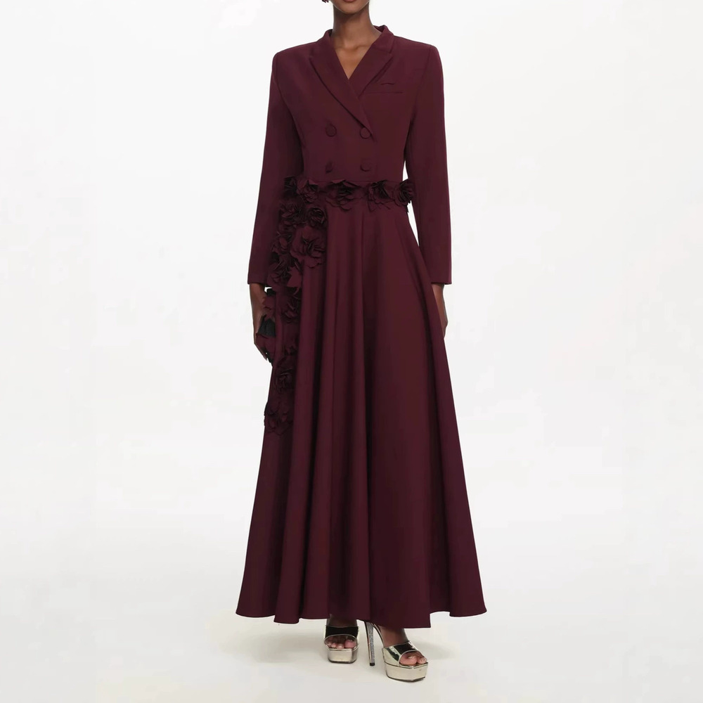 Forever 21 Red Floral Slim-Fit Elegant Collar Long Dress